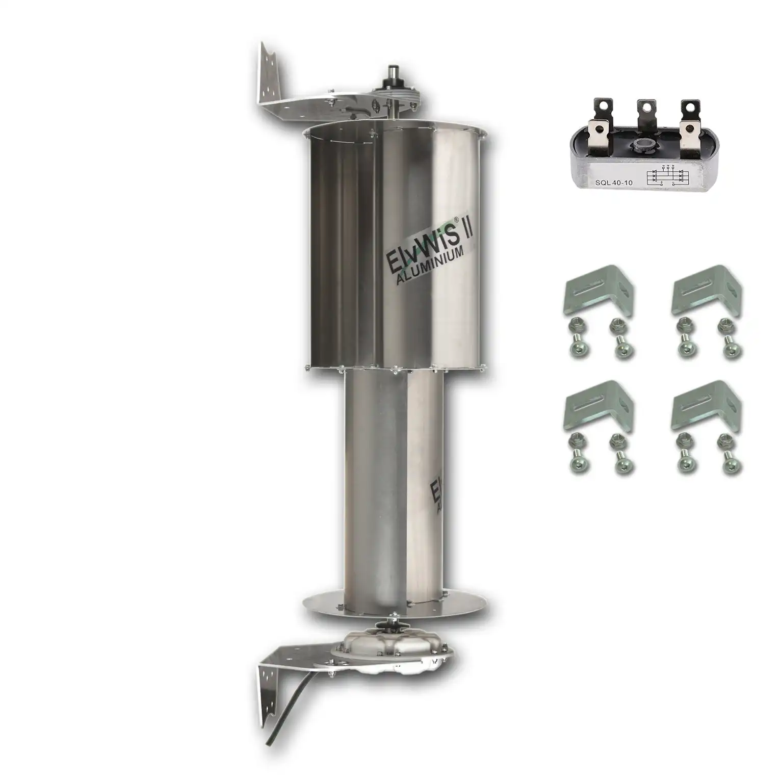 ElvWiS II ALUMINIUM-Hybrid Windturbine mit Generator, Halterung, Gleichrichter unElvWiS II ALUMINIUM-Hybrid Windturbine mit Generator, Halterung, Gleichrichter und Verstärkungswinkelnd Verstärkungswinkeln