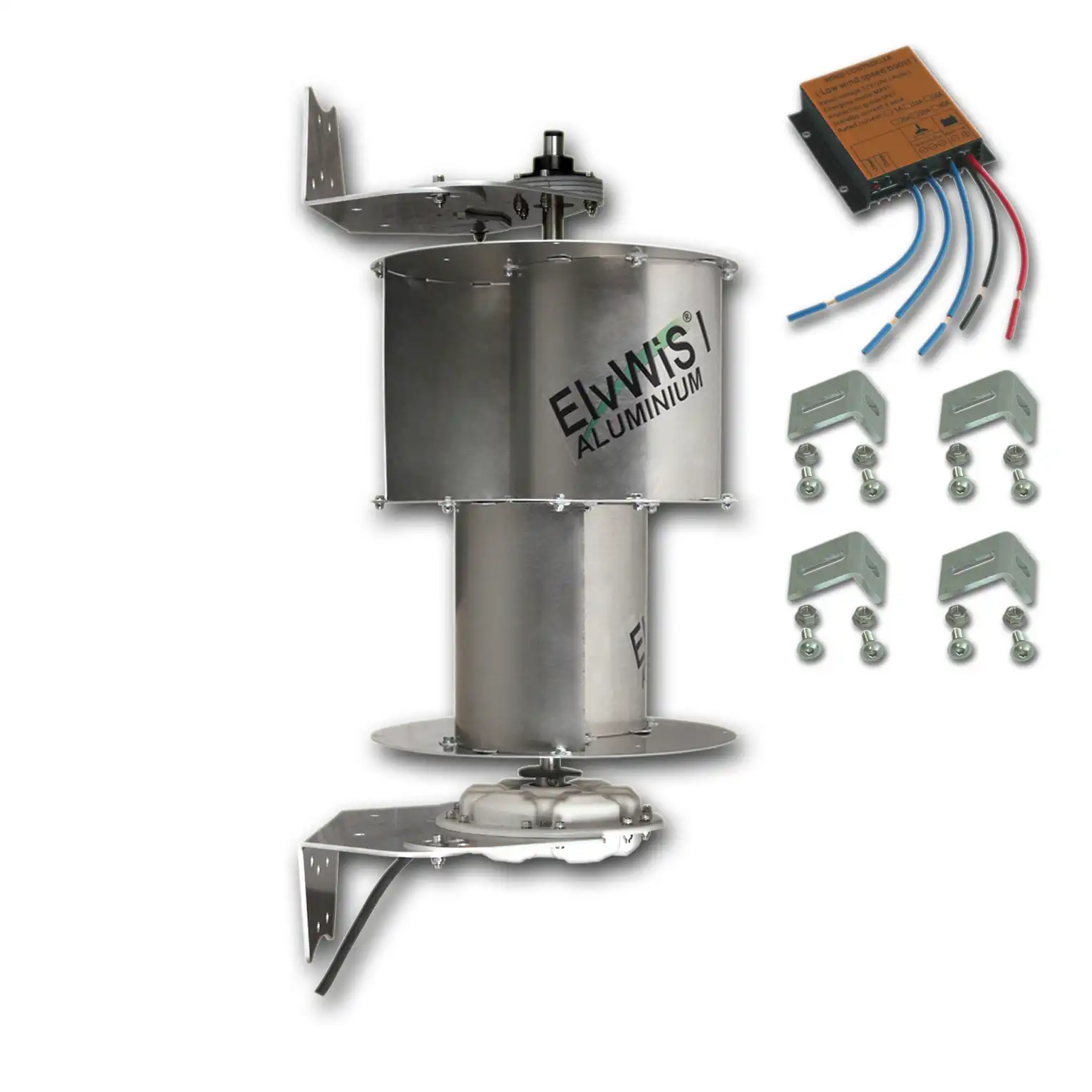 ElvWiS I ALUMINIUM-Hybrid Windturbine mit Generator, Halterung, Laderegler und Verstärkungswinkeln ElvWiS I ALUMINIUM-Hybrid Windturbine mit Generator, Halterung, Laderegler und Verstärkungswinkeln