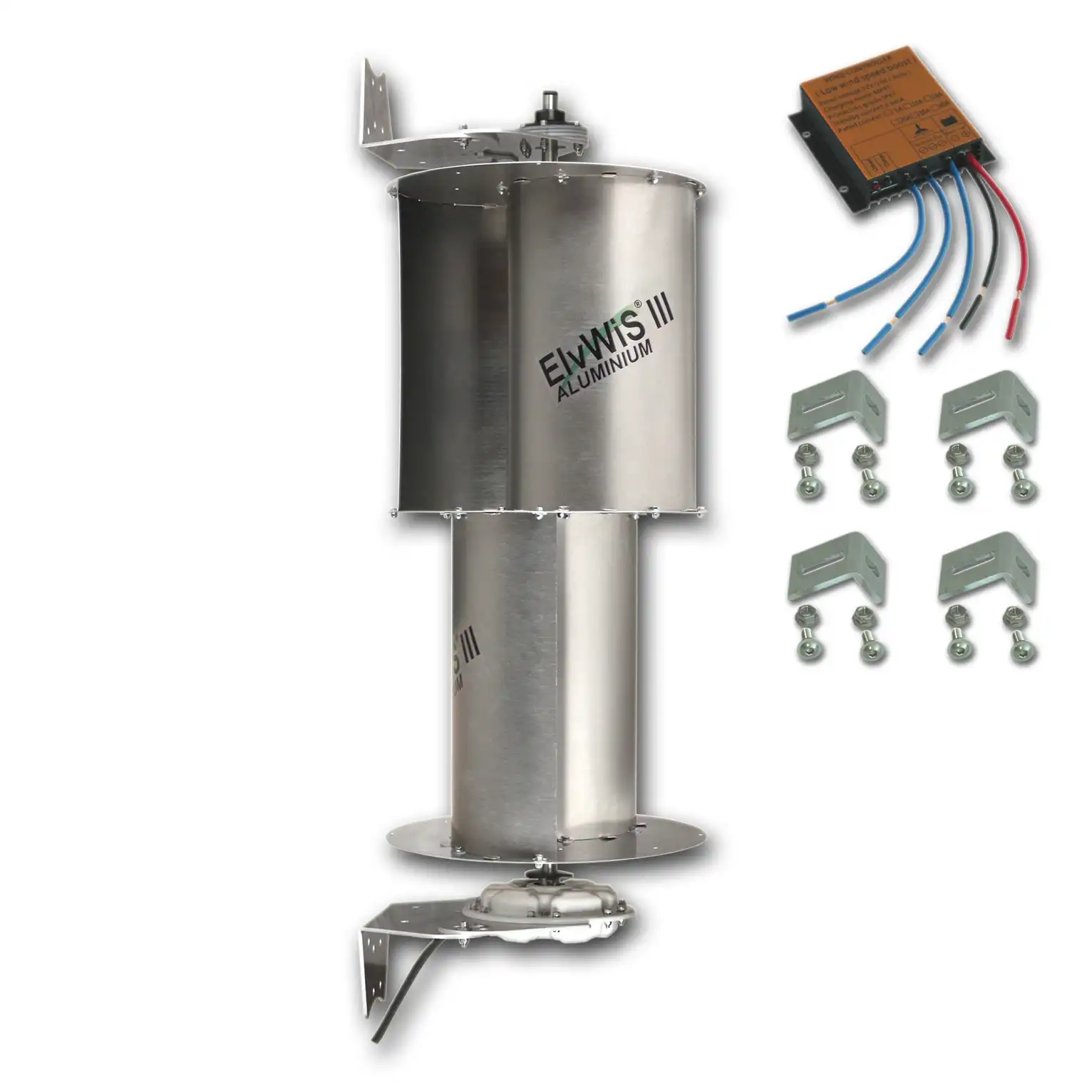 ElvWiS III ALUMINIUM-Hybrid Windturbine mit Generator, Halterung, Laderegler und Verstärkungswinkeln