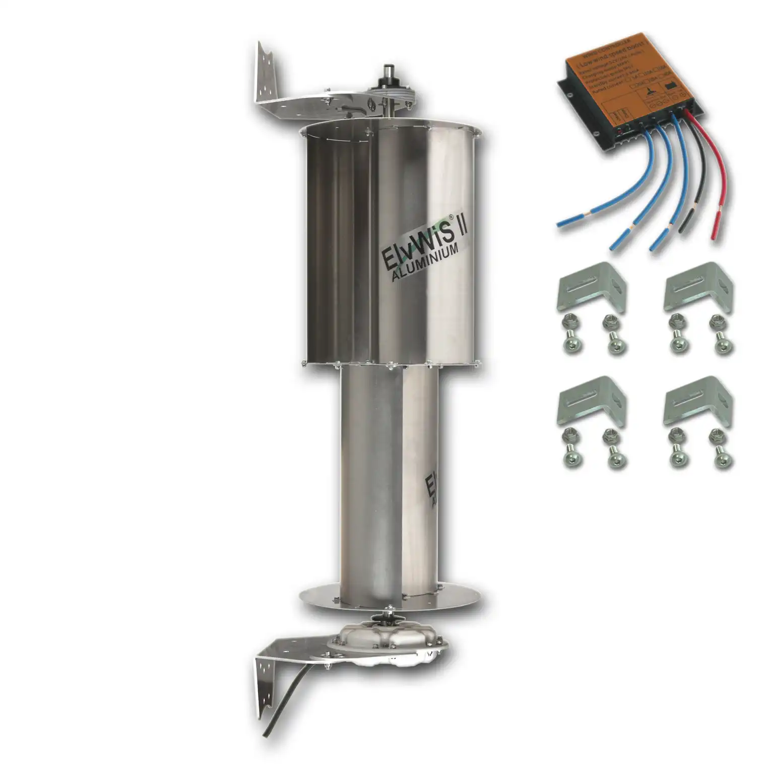 ElvWiS II ALUMINIUM-Hybrid Windturbine mit Generator, Halterung, Laderegler und Verstärkungswinkeln