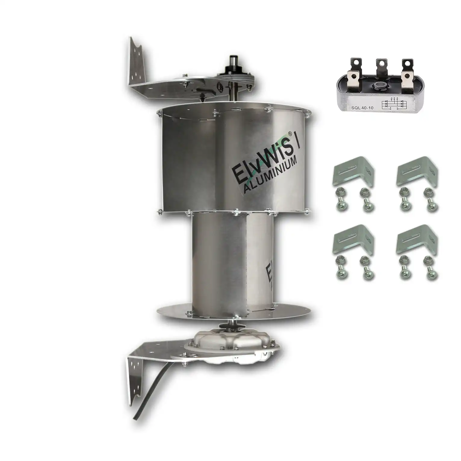 ElvWiS I ALUMINIUM-Hybrid Windturbine mit Generator, Halterung, Gleichrichter und Verstärkungswinkeln ElvWiS I ALUMINIUM-Hybrid Windturbine mit Generator, Halterung, Gleichrichter und Verstärkungswinkeln